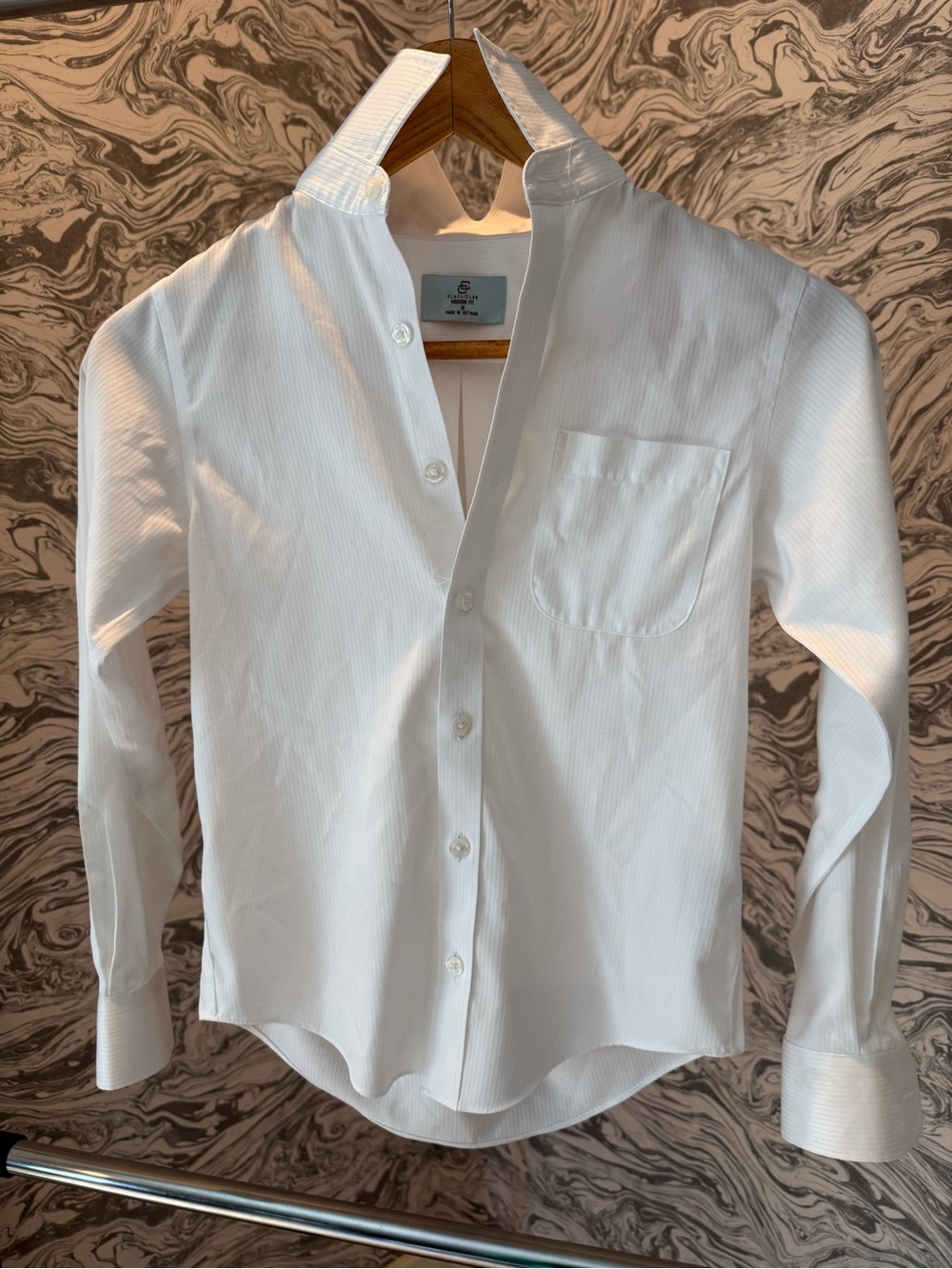 Boy’s White Button-Up Dress Shirt with Band Collar
